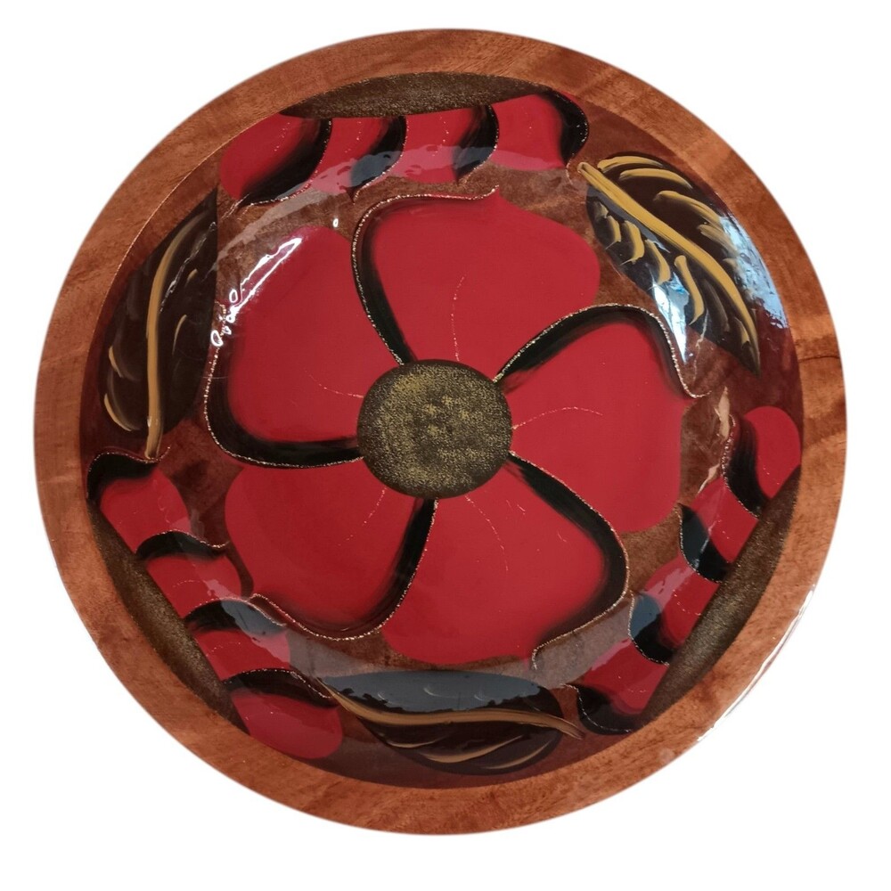 Large Wood Laquered Bowl Handpainted Red & Black Flower Green Leaves 13.5" x 3"